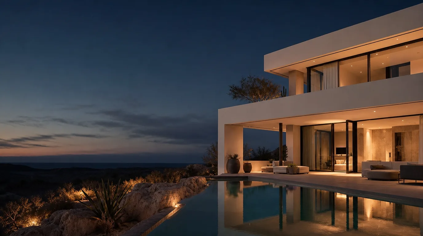 Modern house glowing at dusk